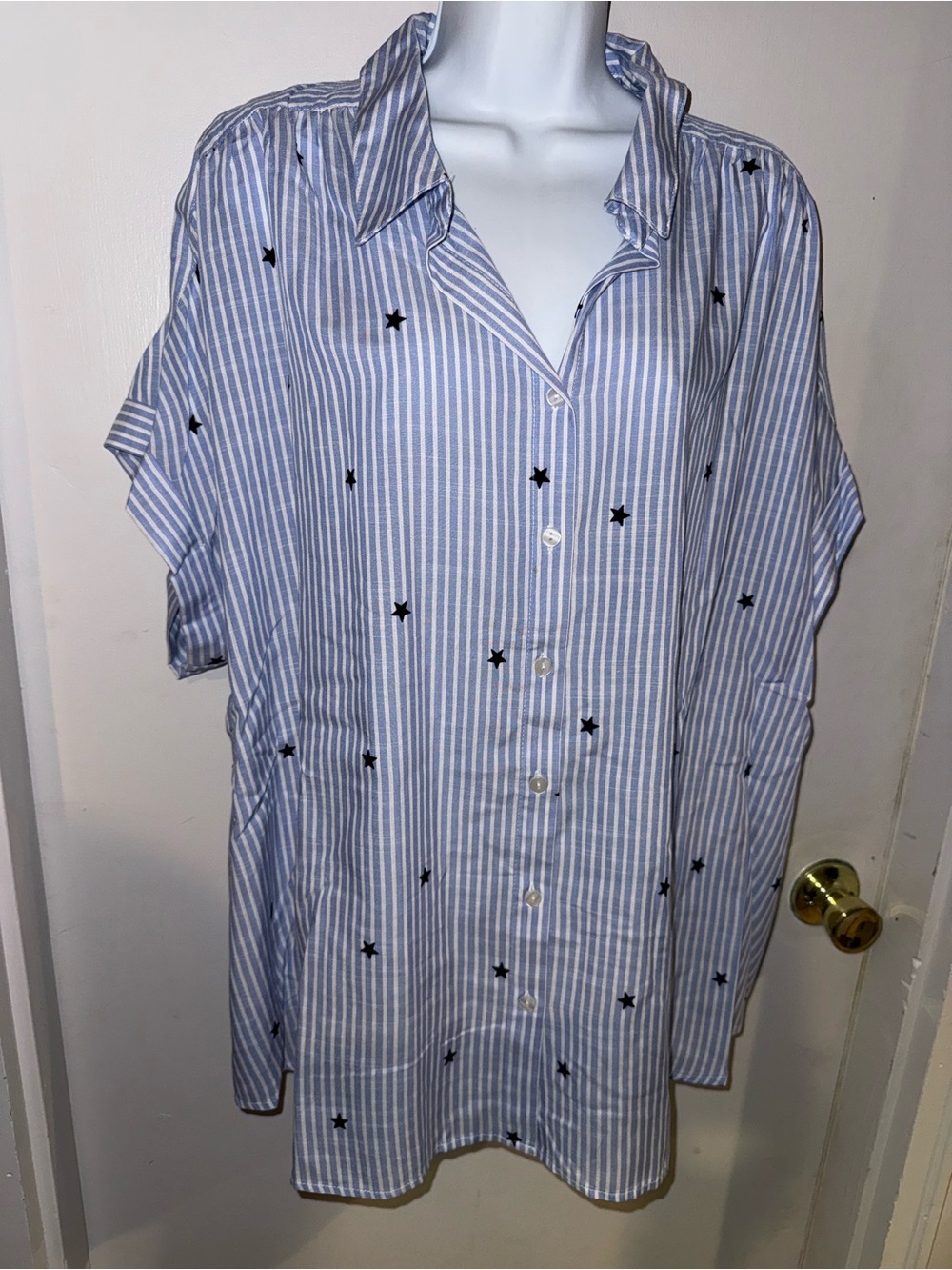 Jane and Delancey Blue and White Striped Button-Up with Navy Blue Star Accents